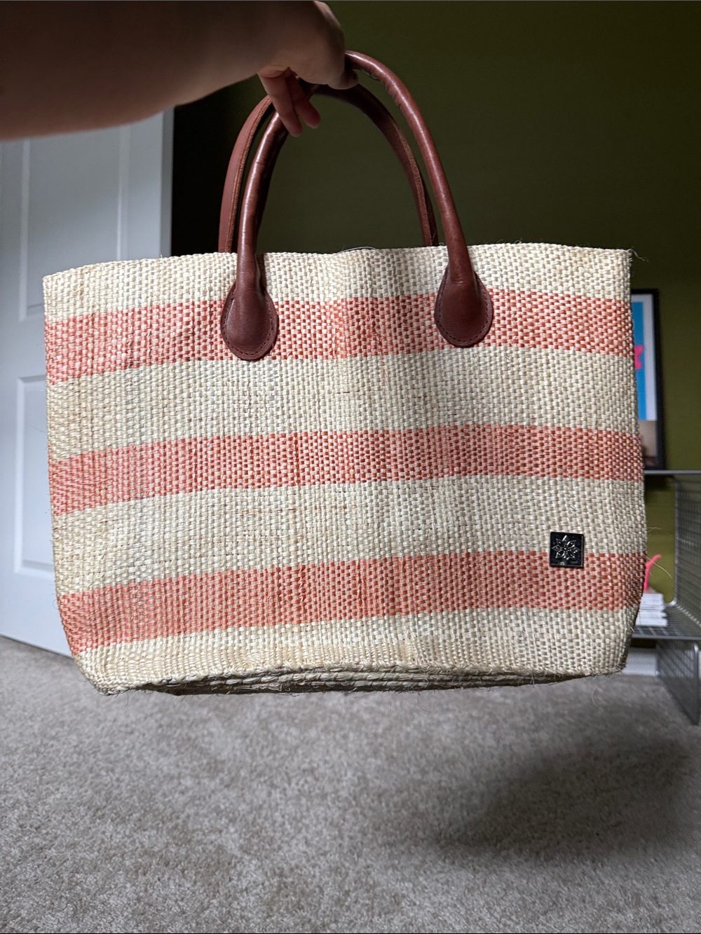 Mexican Striped Straw Tote Beach Bag with Brown Leather Handles